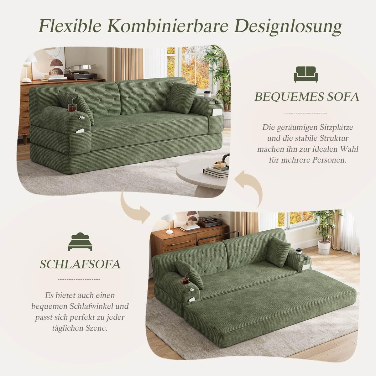 YEHTOKHOME - Sofá de Velor acanalado con respaldo alto y estructura metálica, sofá moderno de 2 plazas con 2 portavasos y 4 bolsillos laterales, para salón, dormitorio (Beige)