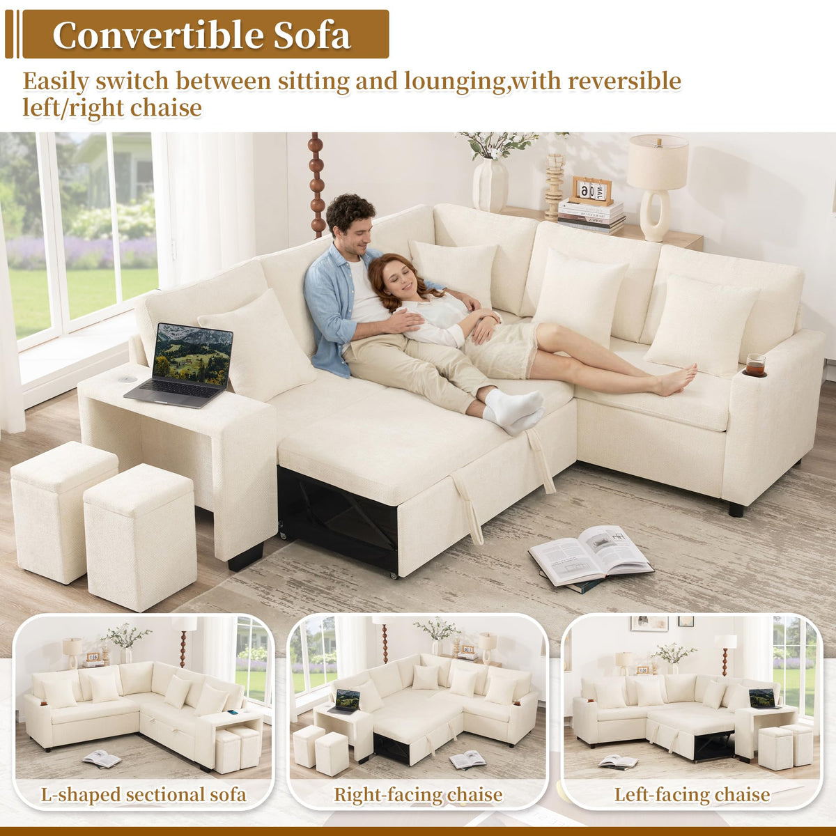 Sofá esquinero extensible en forma de L con puerto USB y portavasos, sofá cama de 4 plazas con función cama, sofá convertible con espacio de almacenamiento y reposabrazos, cojines, chenilla