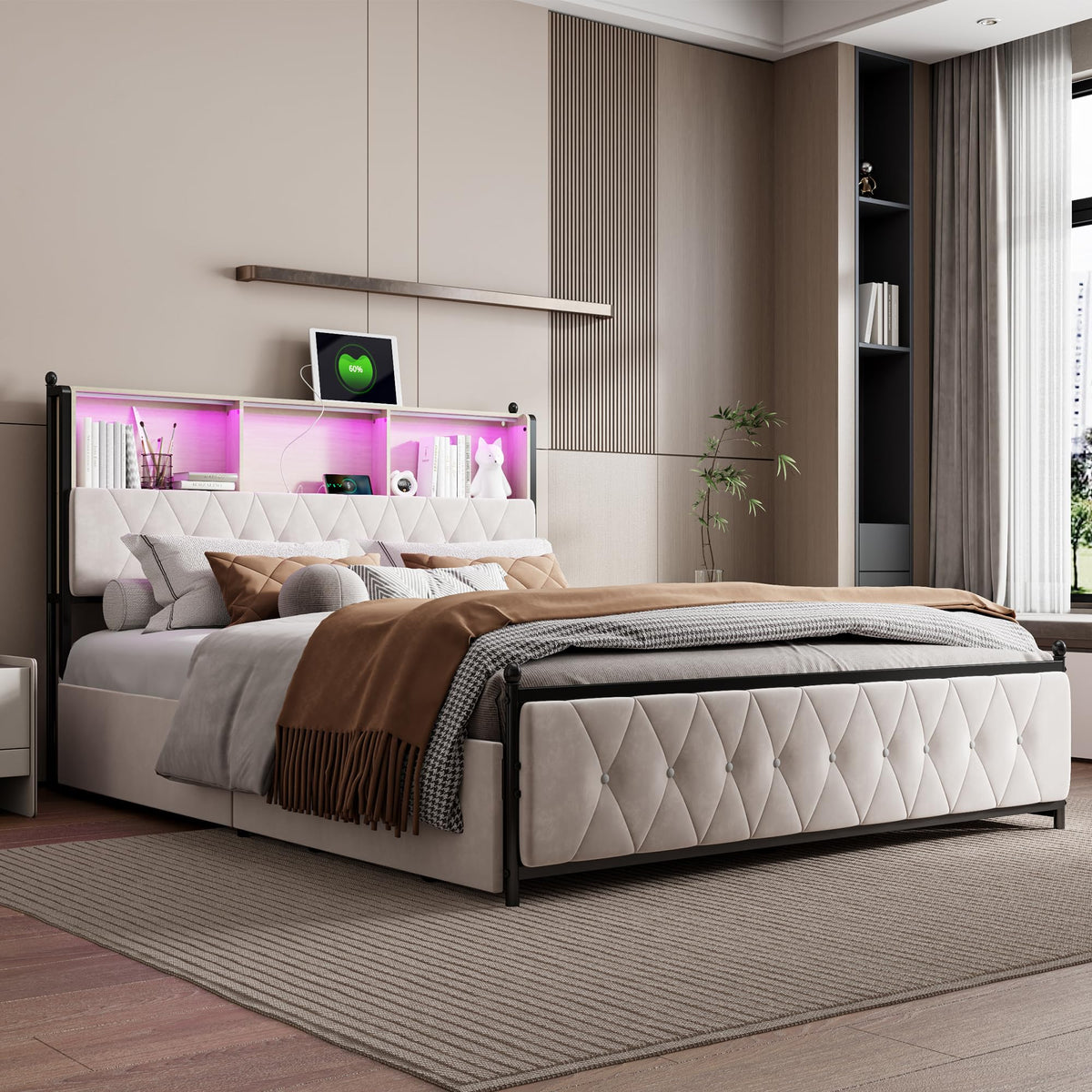 BRILVERDE Cama Tapizada 160x200 con Almacenamiento, Cama matrimonial con cajones, Cama Nido con LED, Cabecero Acolchado y Base de Láminas, Terciopelo (Beige, 160 x 200 cm)
