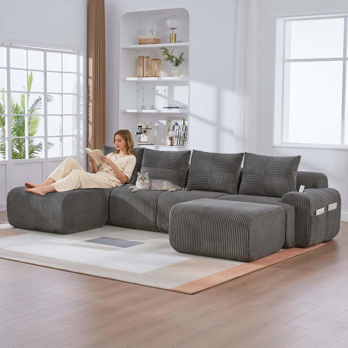 Sofá modular de 200 cm, sofá de 2 plazas con portabebidas y bolsillo de almacenamiento lateral, sofá comprimido de pana, sofá seccional para sala de estar y dormitorio