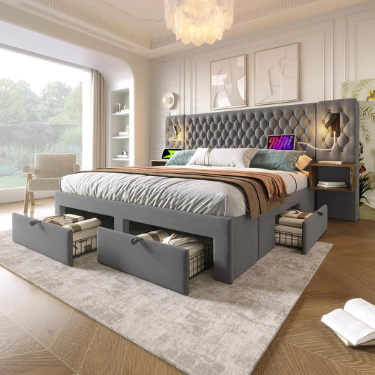 Juego completo de cama para dormitorio, cama doble tapizada de 160 x 200 cm, con 2 mesitas de noche y 4 cajones, cabecero de luz de lectura con función de carga USB, terciopelo, sin colchón