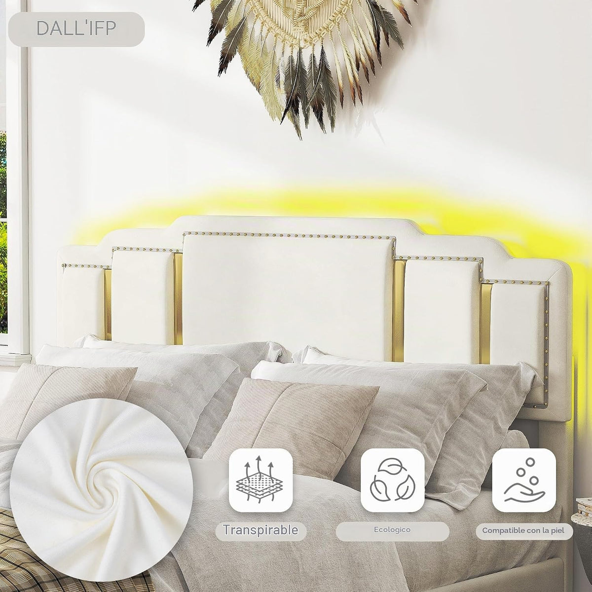 Cama tapizada de 160 x 200 cm con espacio de almacenamiento e iluminación LED, cama doble hidráulica con detalles dorados, cama de terciopelo de lujo con sincronización de música y