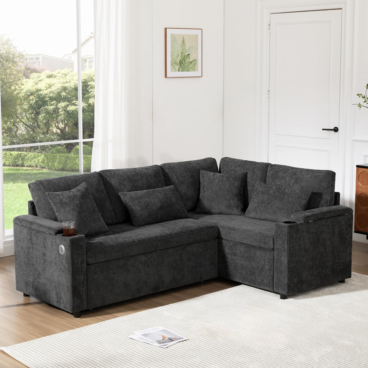 Lubvtti Sofá cama de 3 plazas moderno con función de cama, con espacio de almacenamiento, cargador USB, reposabrazos portaobjetos y 2 cojines, sofá de esquina en L, sofá de 3 plazas, chenilla (C-gris)