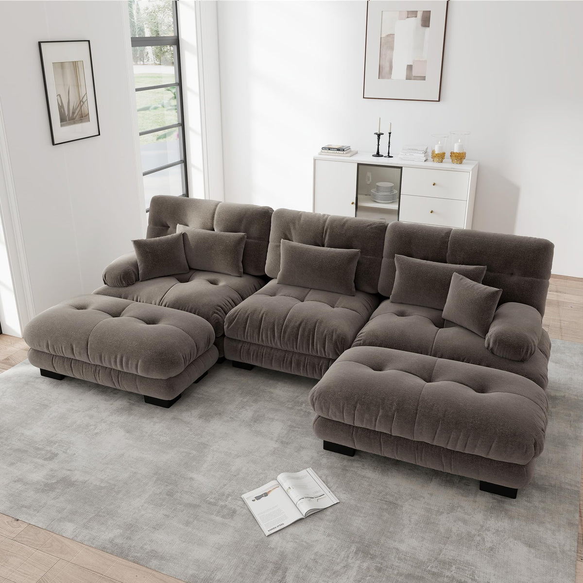 Sofá seccional Cloud en forma de L de 4 plazas con otomana móvil, ciniglia paisaje residencial con asiento profundo y reposabrazos anchos, gran sofá de sala para apartamento