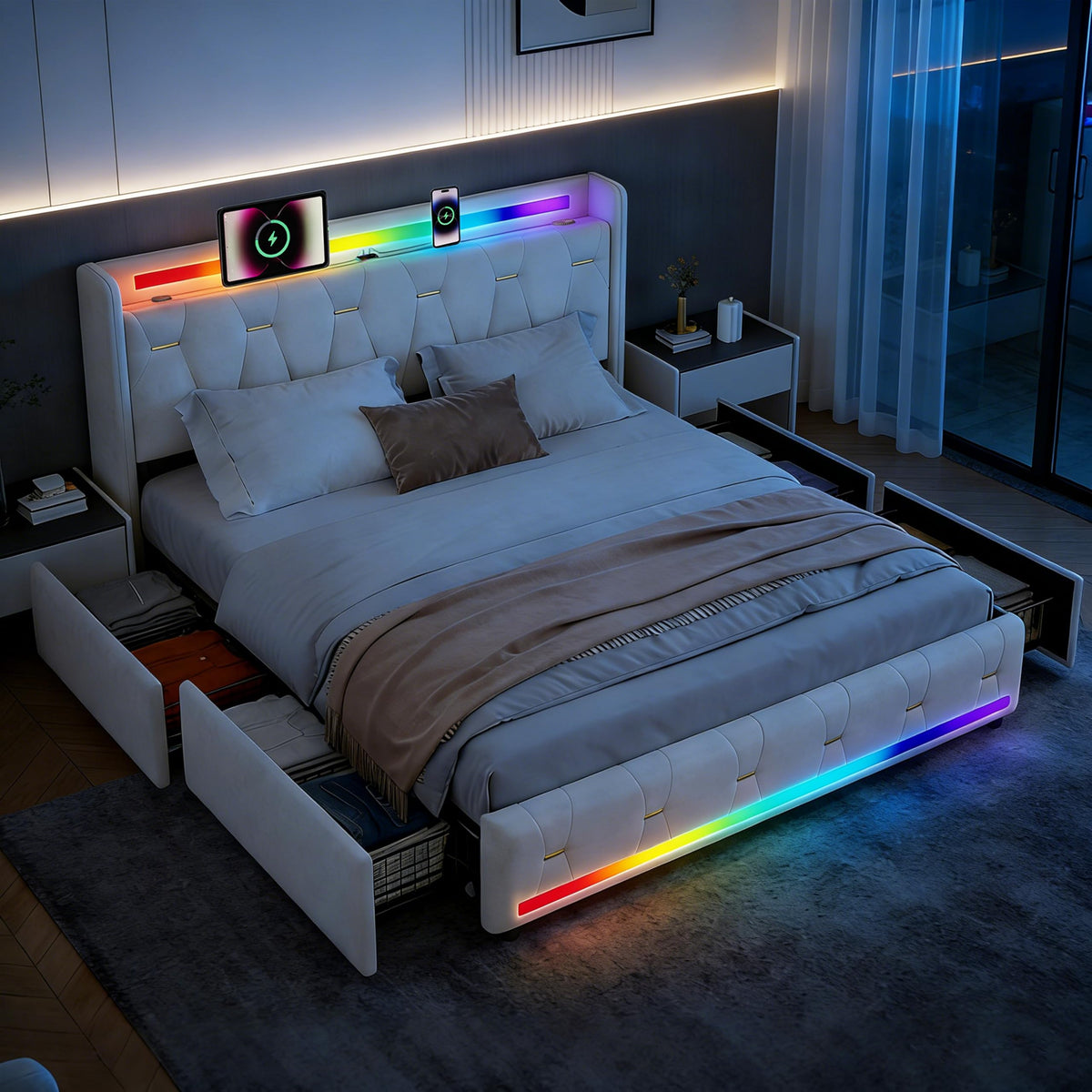 Estructura de Cama 140x200 cm con iluminación LED, Lino, Gris