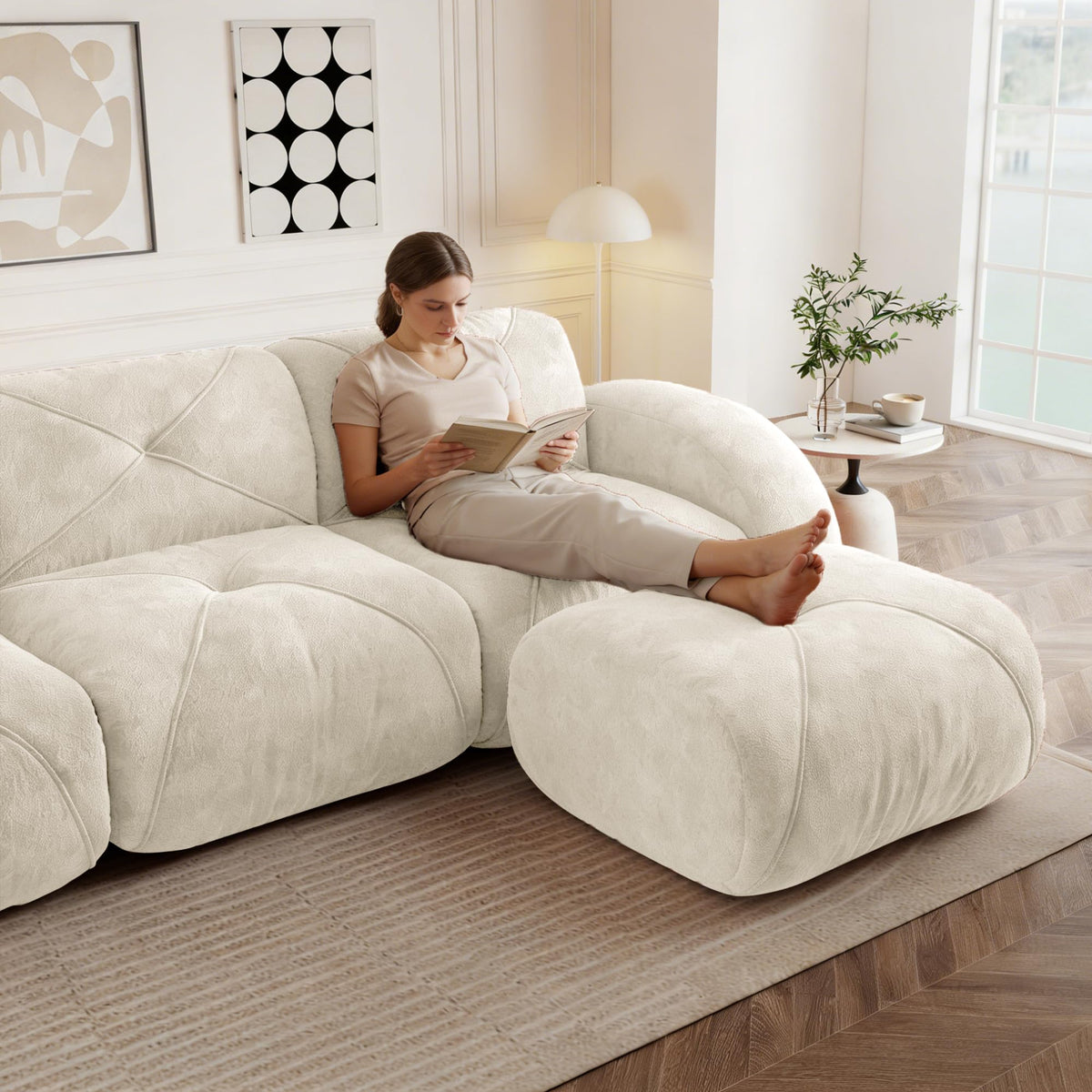 Sofá de esquina en forma de L de 4 plazas con reposapiés, sofá modular Cloud sin marcos de chenilla, sofá de estar suave, antideslizante, combinable de forma flexible, sin montaje, salón color
