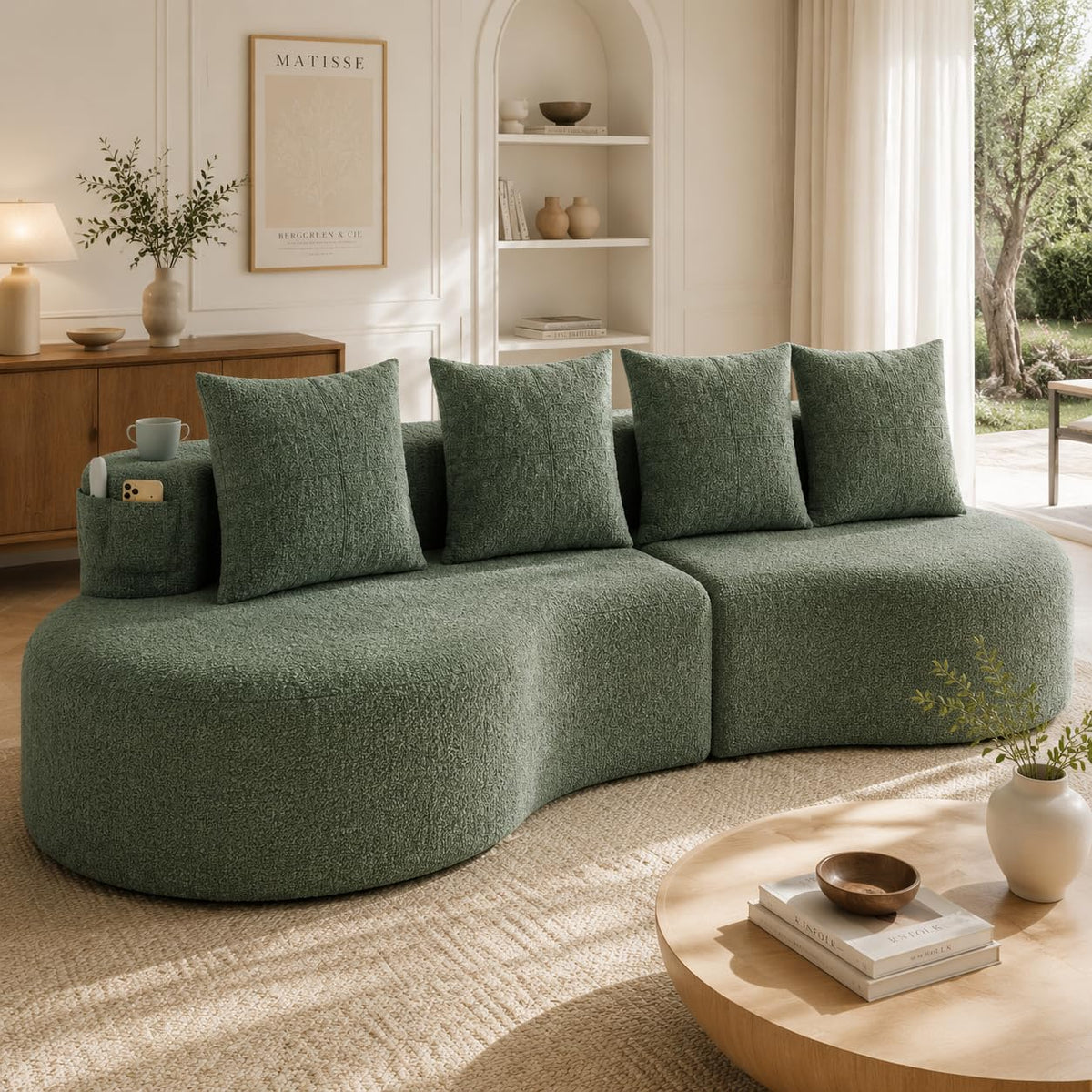 Bladez Sofá esquinero moderno curvado de 5 plazas, sofá modular de terciopelo, diseño curvado, cómodo sofá tapizado, cómodo sofá tapizado con cojines, adecuado para salón y apartamento, color blanco