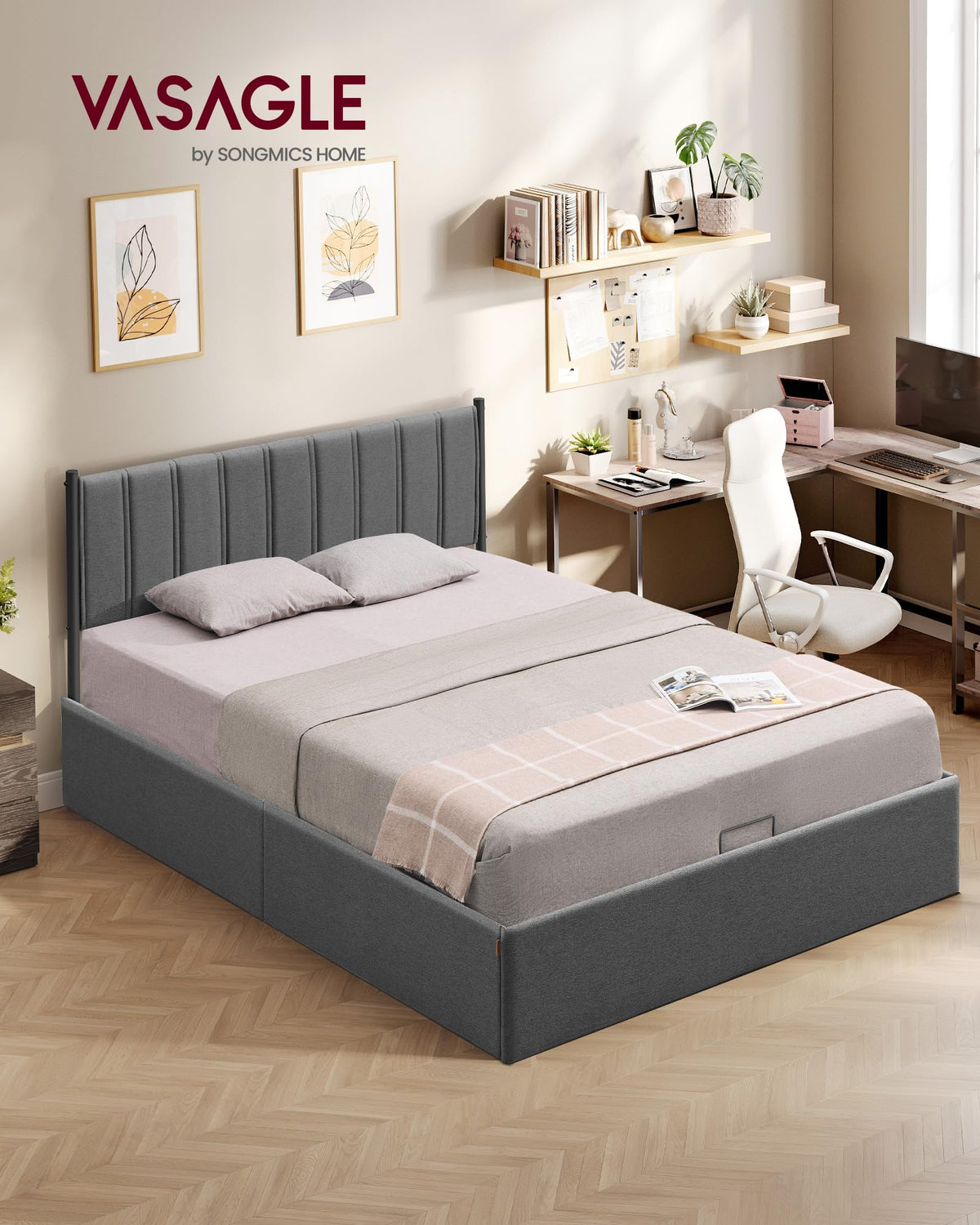 VASAGLE Estructura de Cama, 160 x 200 cm, Cama Elevable, 2 Personas, con Almacenaje, Cabecero, Sistema Hidráulico, Moderno y Minimalista, Fácil Montaje, Beige Capuchino RMB615LH01