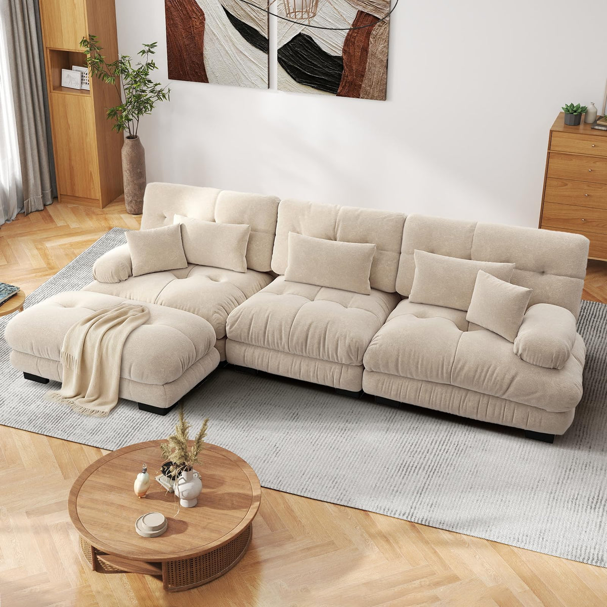 SoarFlash Sofá U Modular de 4 plazas para salón Moderno, sofá Nube de Tela Chenille con reposabrazos, Color Amarillo, 145×406 cm