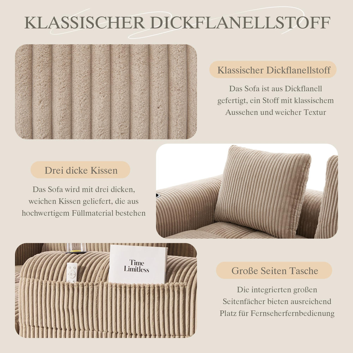 Dolamaní Sofá compacto de 3 plazas de pana con 3 cojines, sofá esquinero en forma de L con función de dormir, suave y modular, asiento extraprofundo, sin montaje, para salón (gris oscuro)
