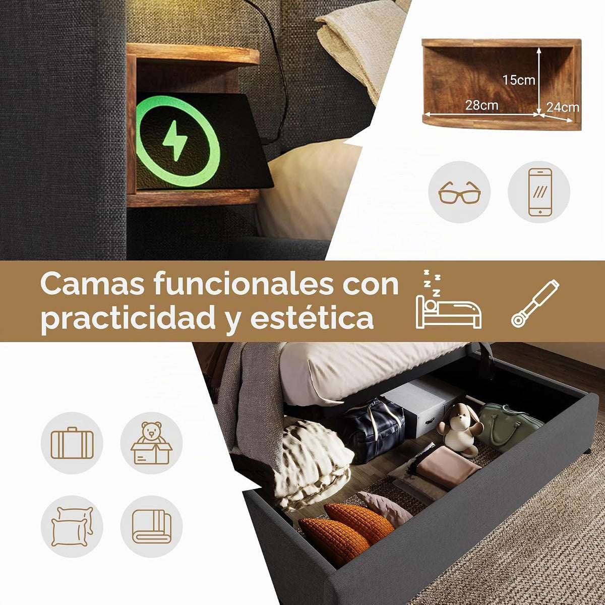 Camas Matrimoniales 160x200 con Cabecero Extendido y Espacio de Almacenaje Hidráulica, Cama Matrimonio con Lámpara de Lectura, Cama Doble con Puerto USB y Tipo C, Lino, Gris, Sin Colchón