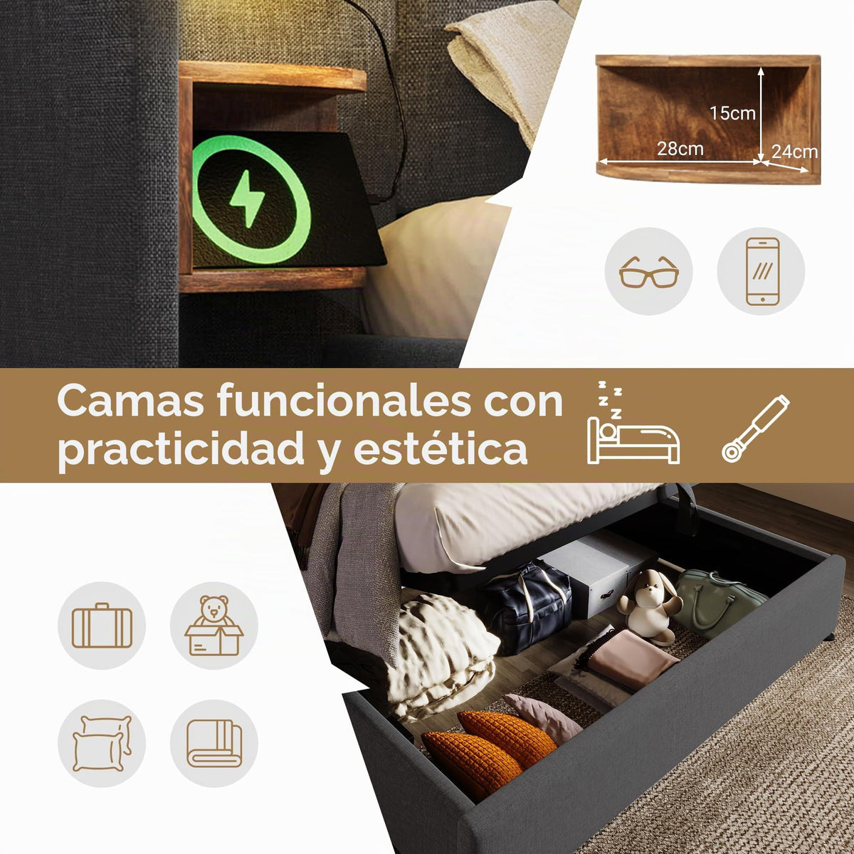Camas Matrimoniales 160x200 con Cabecero Extendido y Espacio de Almacenaje Hidráulica, Cama Matrimonio con Lámpara de Lectura, Cama Doble con Puerto USB y Tipo C, Lino, Gris, Sin Colchón