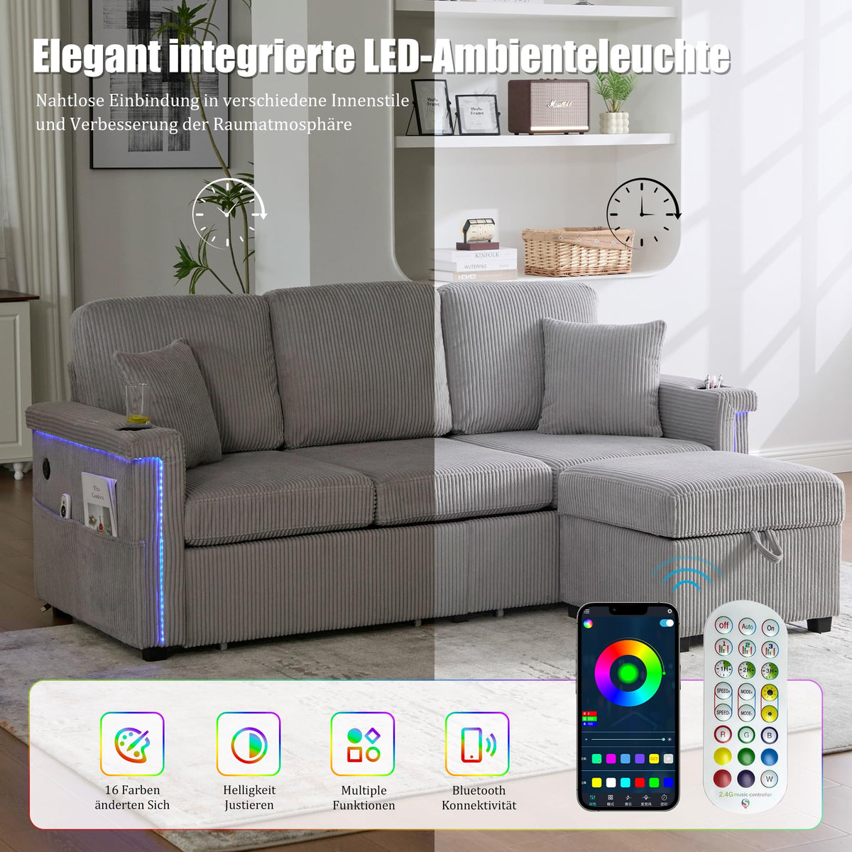 Dolamaní Sofá de terciopelo de 3 plazas con 2 cajones, soporte para bebidas, bolsillos laterales y reposapiés para sala de estar, dormitorio y oficina (beige)