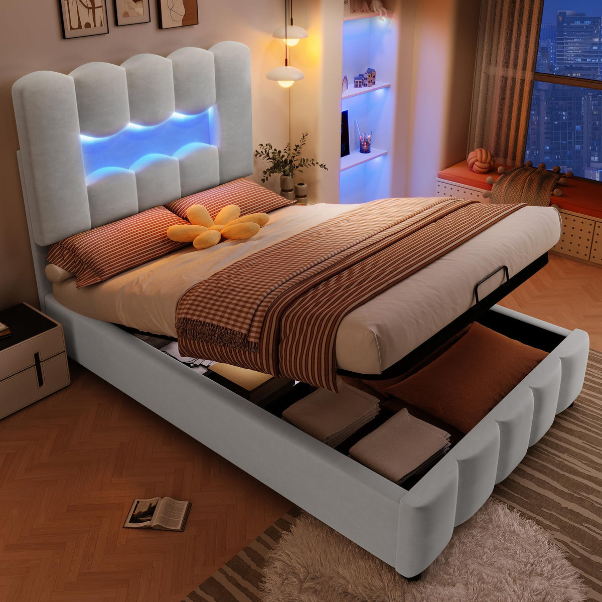 Kebnor Cama tapizada con somier, luz ambiental con mando a distancia, diseño de princesa heredera, material PU, color rosa (sin colchón) (140 x 200 cm)