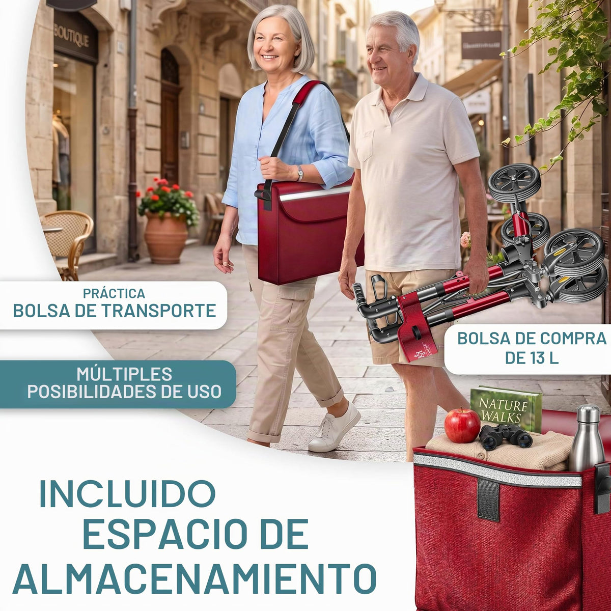 KESSER® Andador plegable con asiento y respaldo, 4 Ruedas/Frenos/Saco de Compra y Porta Bastón, Altura Ajustable 82-94cm, Andador, Carro, Rollator para Ancianos Gris