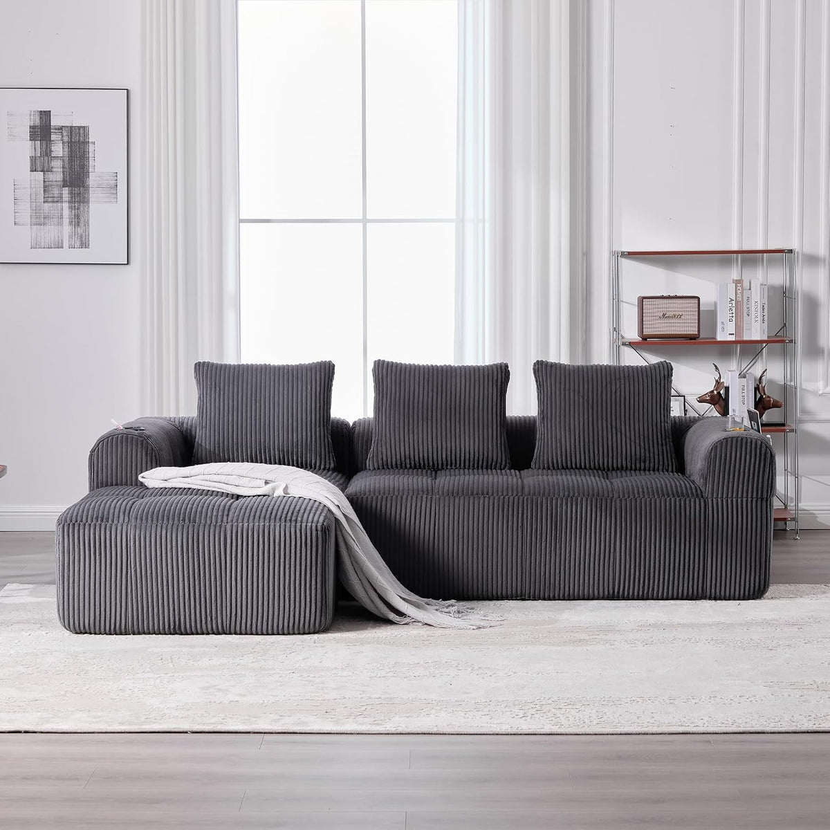 Dolamaní Sofá compacto de 3 plazas de pana con 3 cojines, sofá esquinero en forma de L con función de dormir, suave y modular, asiento extraprofundo, sin montaje, para salón (gris oscuro)