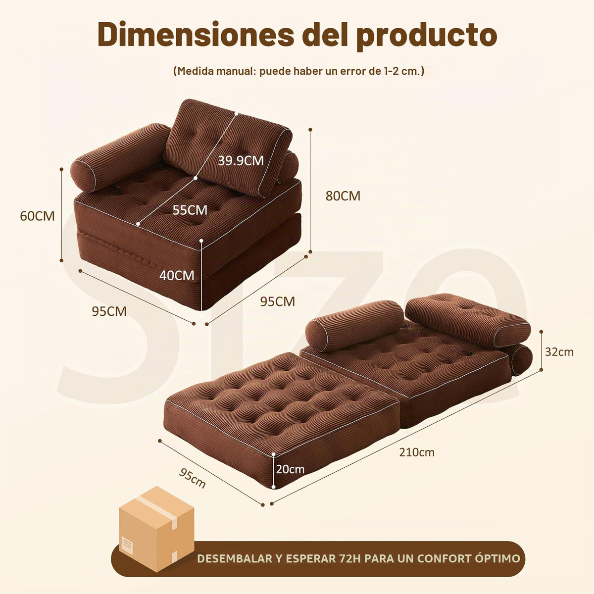 Sofá Convertible 4 en 1, Sofá Cama 1 Plaza, Pana, Negro