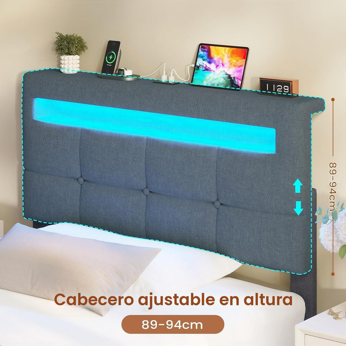 AOGLLATI Camas Matrimoniales 140x190 cm con Almacenamiento Hidráulico, Cama Canapé con Cabecero Ajustable, Estructura de Cama con Luces LED y Estación de Carga (USB y Tipo-C), Gris Oscuro