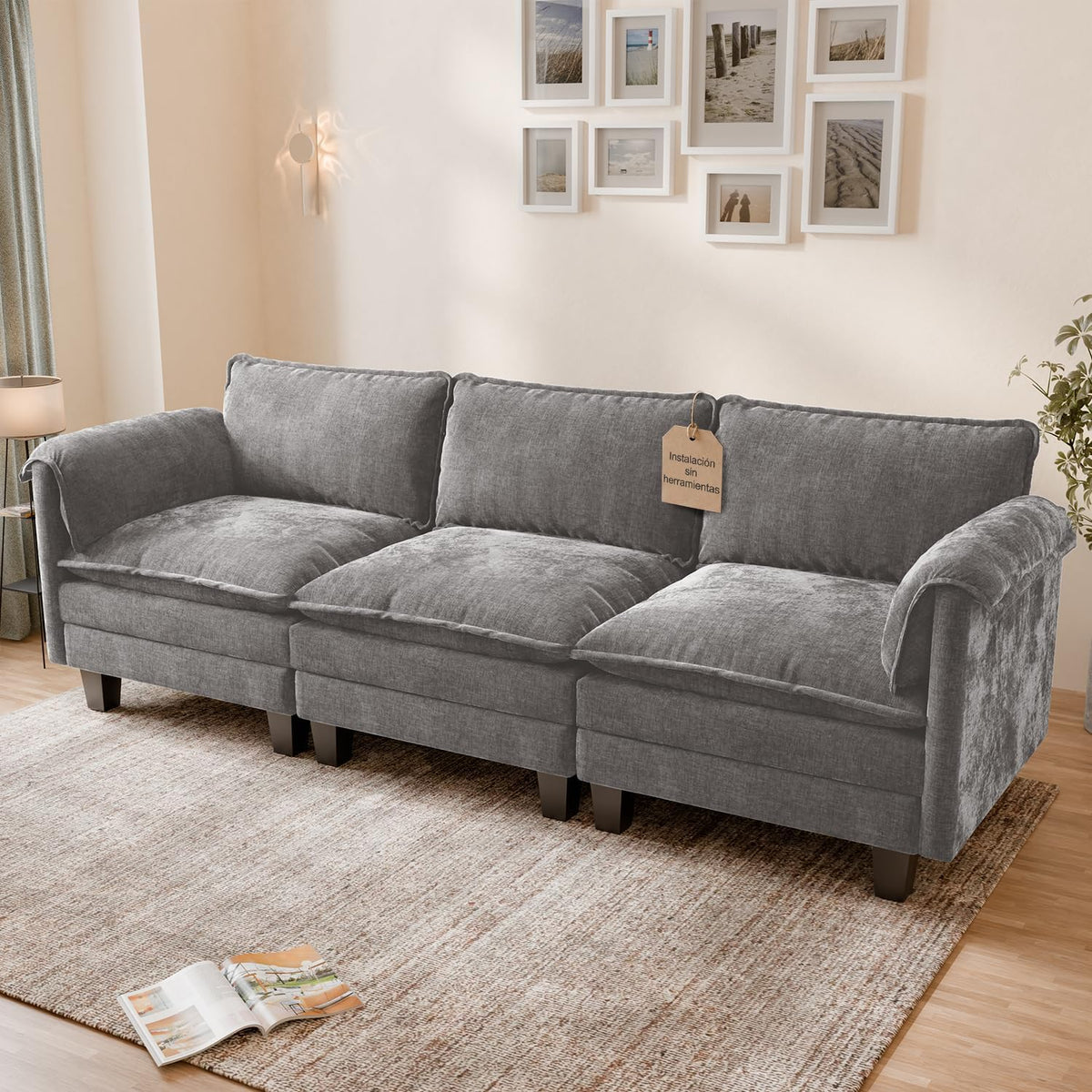 ELUCHANG Sofá Nube Modular 256cm, Sofá de 3 Plazas con Asiento Profundo 62cm, Montaje sin Herramientas, Sofá Moderno de Chenilla para Salón y Habitación, Gris Perla