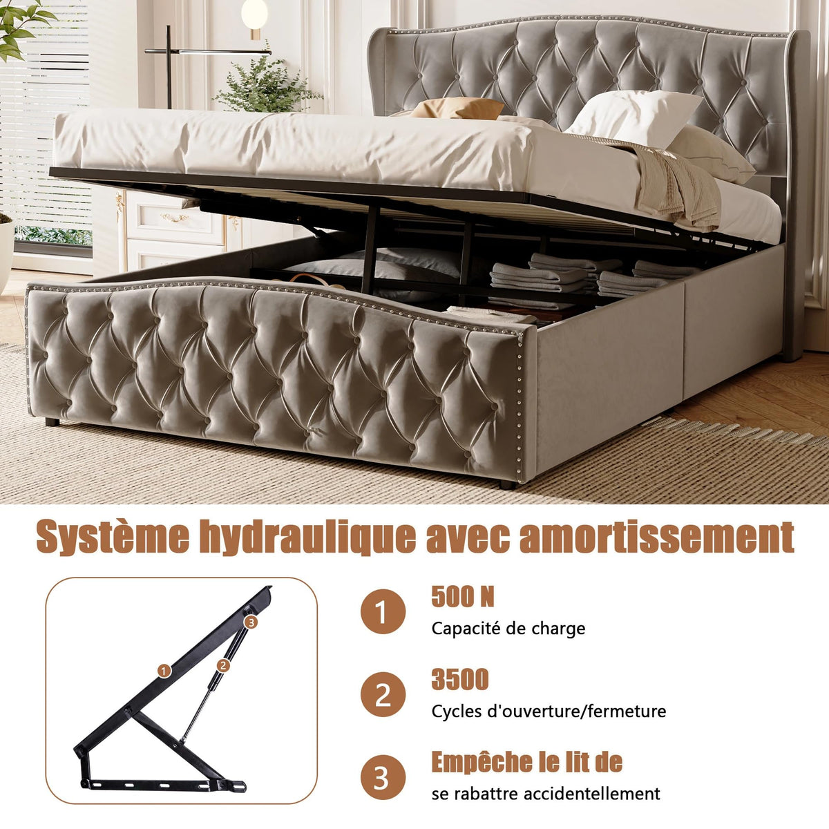 BRILVERDE Cama Tapizada 160x200 con Almacenamiento hidráulico, Cama matrimonial con lámpara de mesita, Cabecero Acolchado y Base de Láminas, Terciopelo (Beige, 160 x 200 cm)