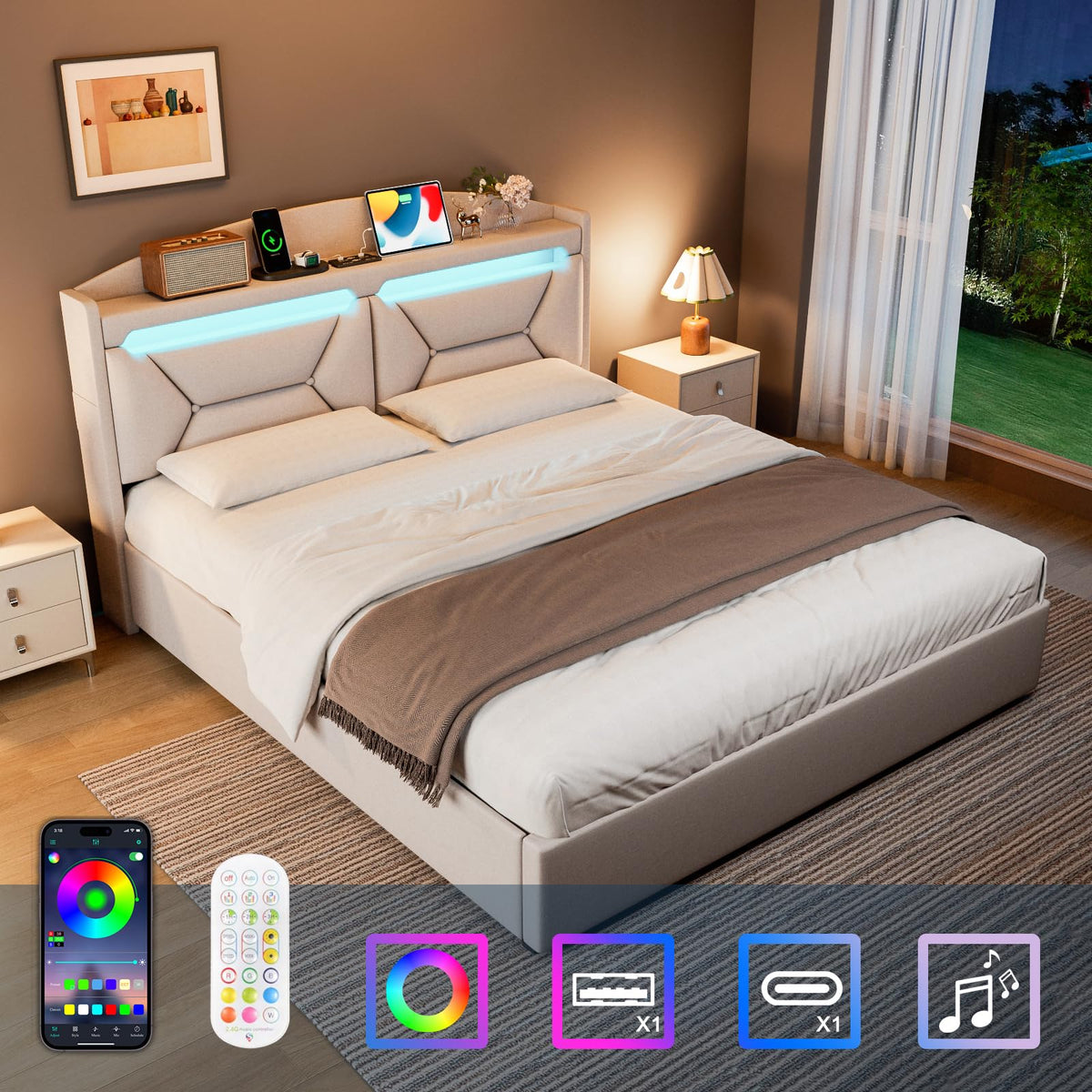 Cama 90x200 cm con Almacenamiento, Cama Individual con LED, Puertos USB y Type-C, Somier 90x200 Hidráulico, Camas Juveniles Camas Infantiles con Cabecero, Lino, Beige, Colchón No Incluido