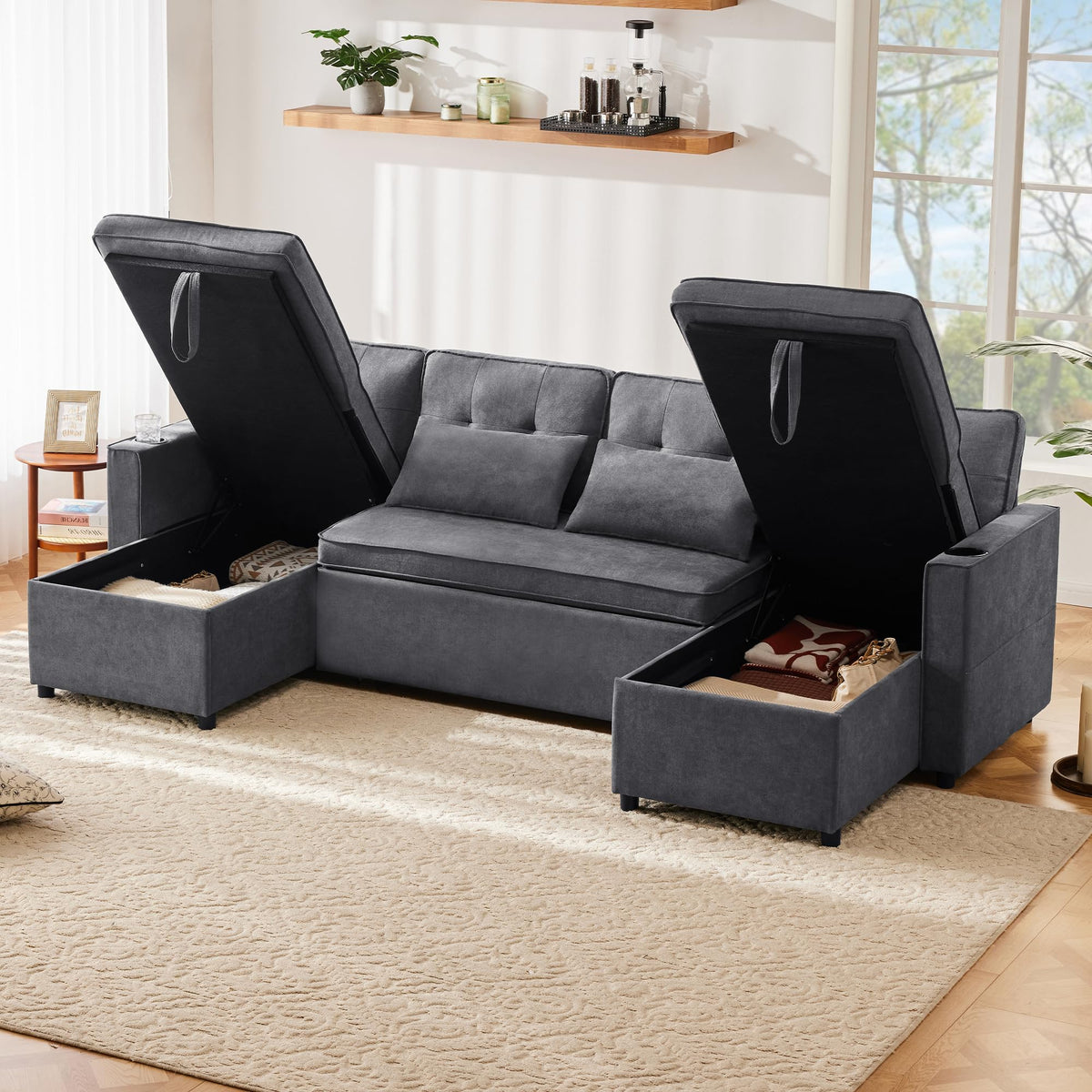 Sapgaks Sofá Seccional en U Moderno,Sofá 4 plazas,Mueble Acolchado de diseño Moderno,Tela de Chenilla (Beige)