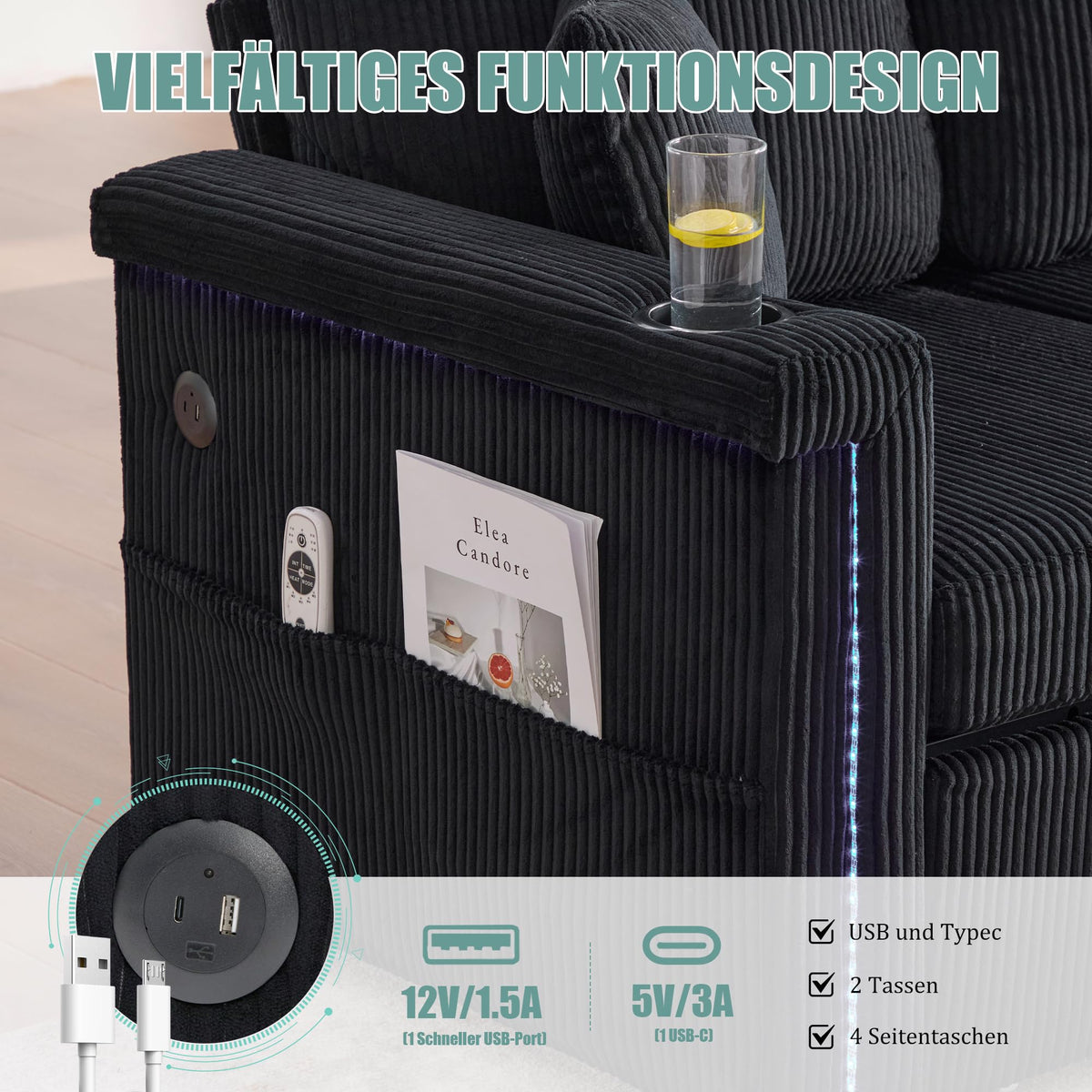 Dolamaní Sofá de terciopelo de 3 plazas con 2 cajones, soporte para bebidas, bolsillos laterales y reposapiés para sala de estar, dormitorio y oficina (beige)