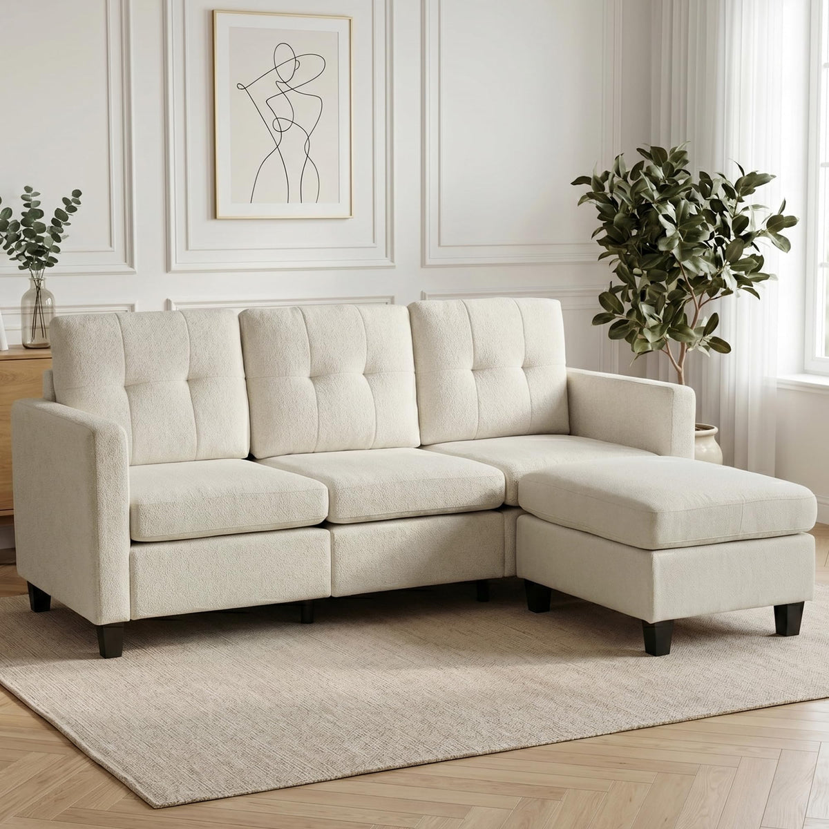 Sofá de 3 plazas con taburete, sofá flexible en forma de L como sofá esquinero, funda de tela suave con acolchado de espuma de alta densidad, sofá de salón para sala de estar, dormitorio, oficina y