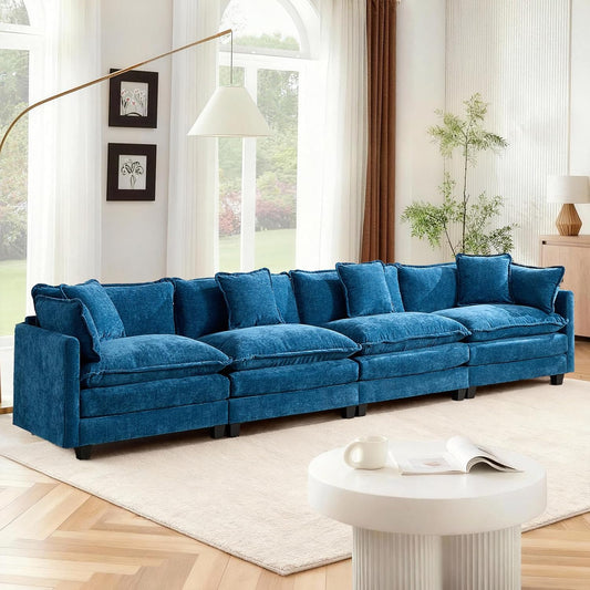 Sofá de salón modular 4 plazas 380cm, chenilla azul con cojines dobles