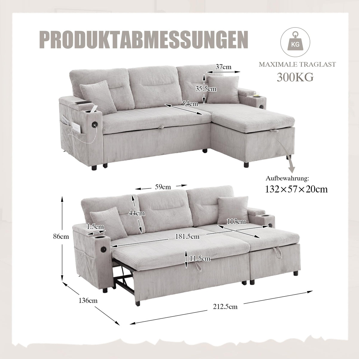 Dolamaní Sofá moderno de 4 plazas de tela de lino con espacio de almacenamiento y función de dormir, sofá cama con cajonera extensible en forma de L para casa y salón (beige B)