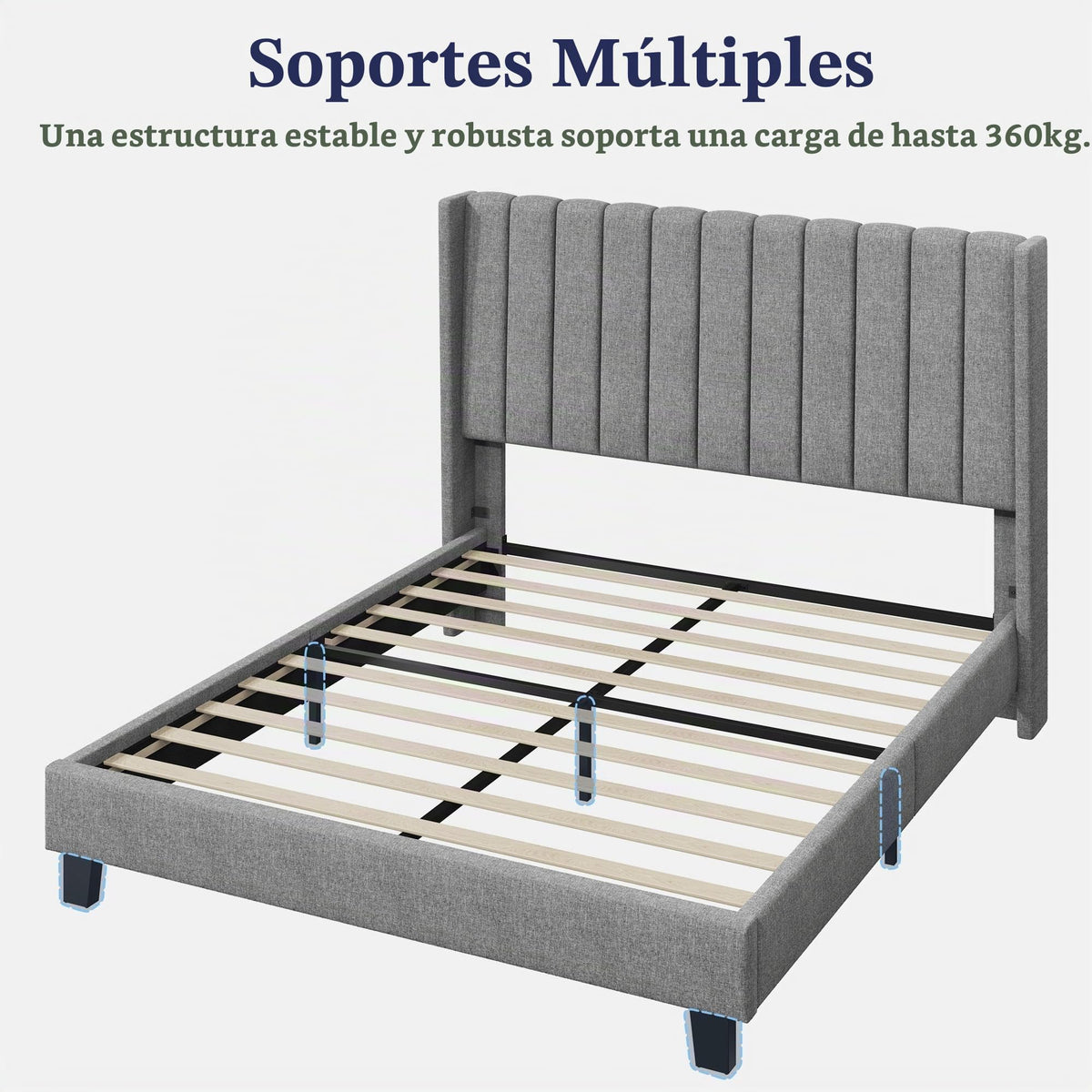 Yaheetech Cama Doble Tapizada 140 x 200cm con Somier de Lamas con Cabecero Rayado Moderno Estructura de Madera y Metal Marco de Cama para Adultos 2 Personas Beige