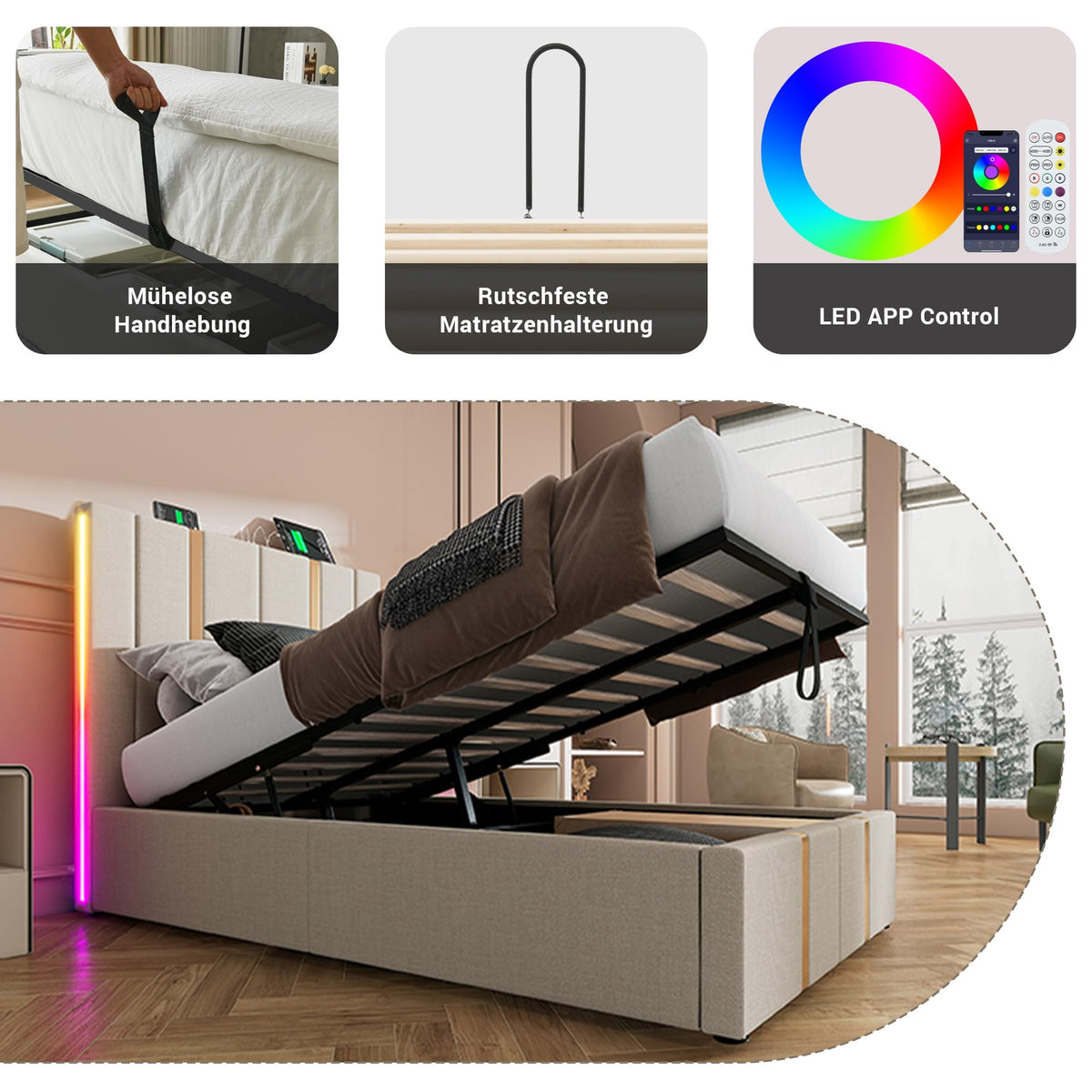 Cama tapizada doble USB tipo C función de carga APP Control LED 180 × 200 cm espacio espacio cama somier de láminas de madera, material de lino beige (sin colchón)