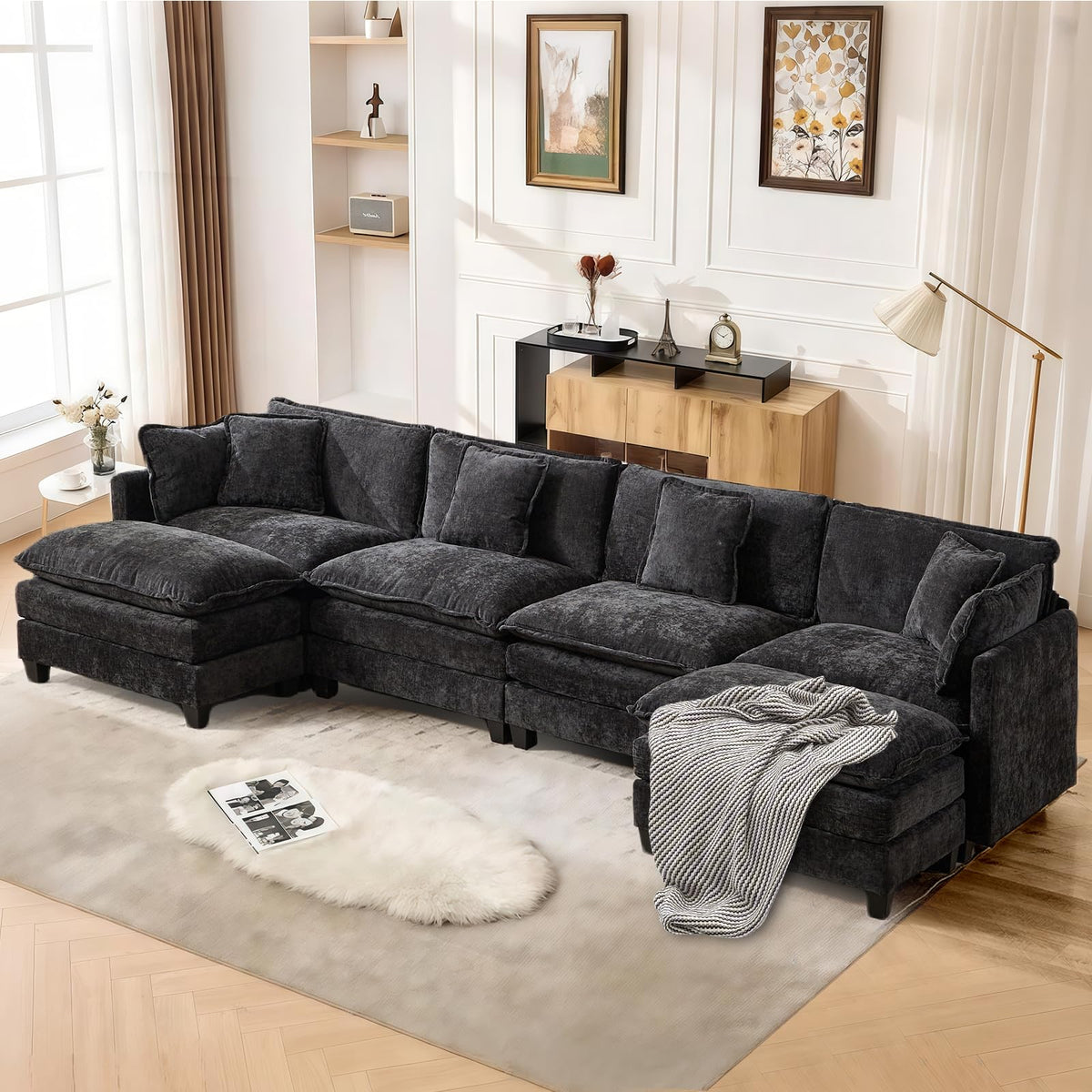 Sofá de salón modular 4 plazas 380cm, chenilla azul con cojines dobles