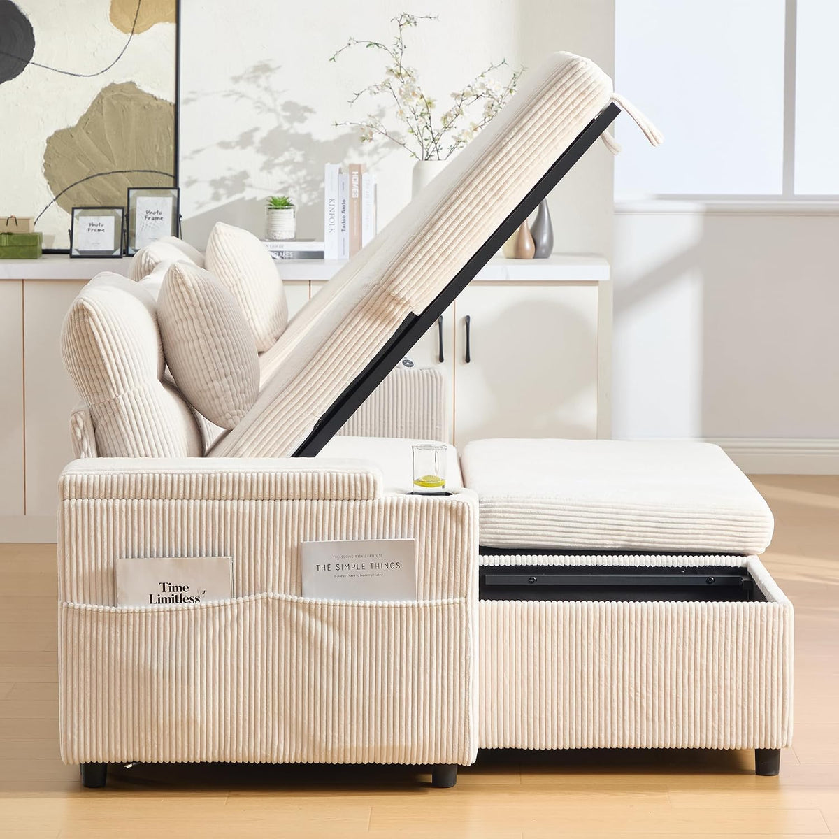 Dolamaní Sofá moderno de 4 plazas de tela de lino con espacio de almacenamiento y función de dormir, sofá cama con cajonera extensible en forma de L para casa y salón (beige B)
