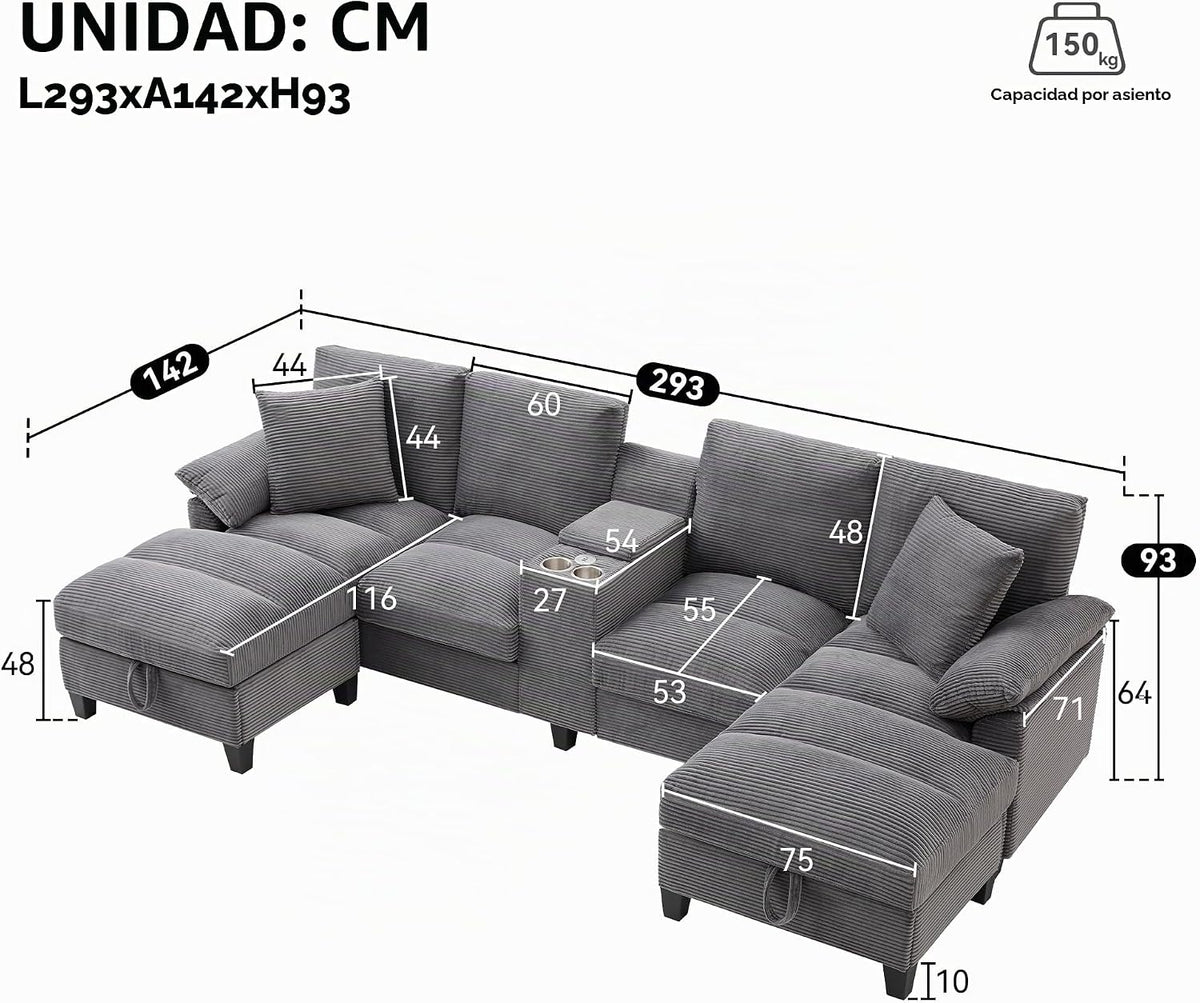 Azkoeesy - Sofá de 4 plazas con 2 reposapiés y espacio de almacenamiento, consola con 2 portavasos y enchufe, 293 cm, forma U, tapizado en pana, adecuado para sala de estar, dormitorio y apartamentos