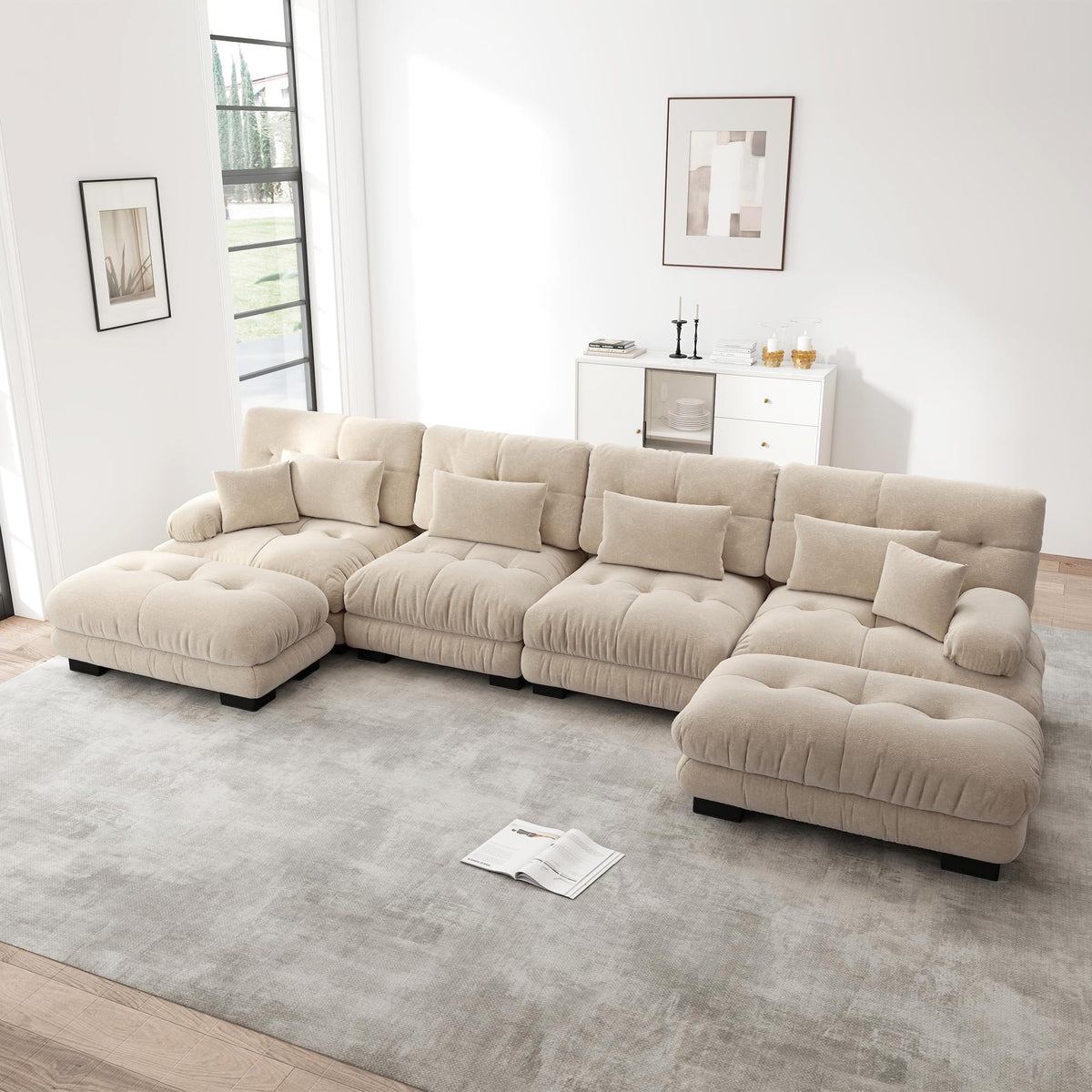 Sofá seccional Cloud en forma de L de 4 plazas con otomana móvil, ciniglia paisaje residencial con asiento profundo y reposabrazos anchos, gran sofá de sala para apartamento