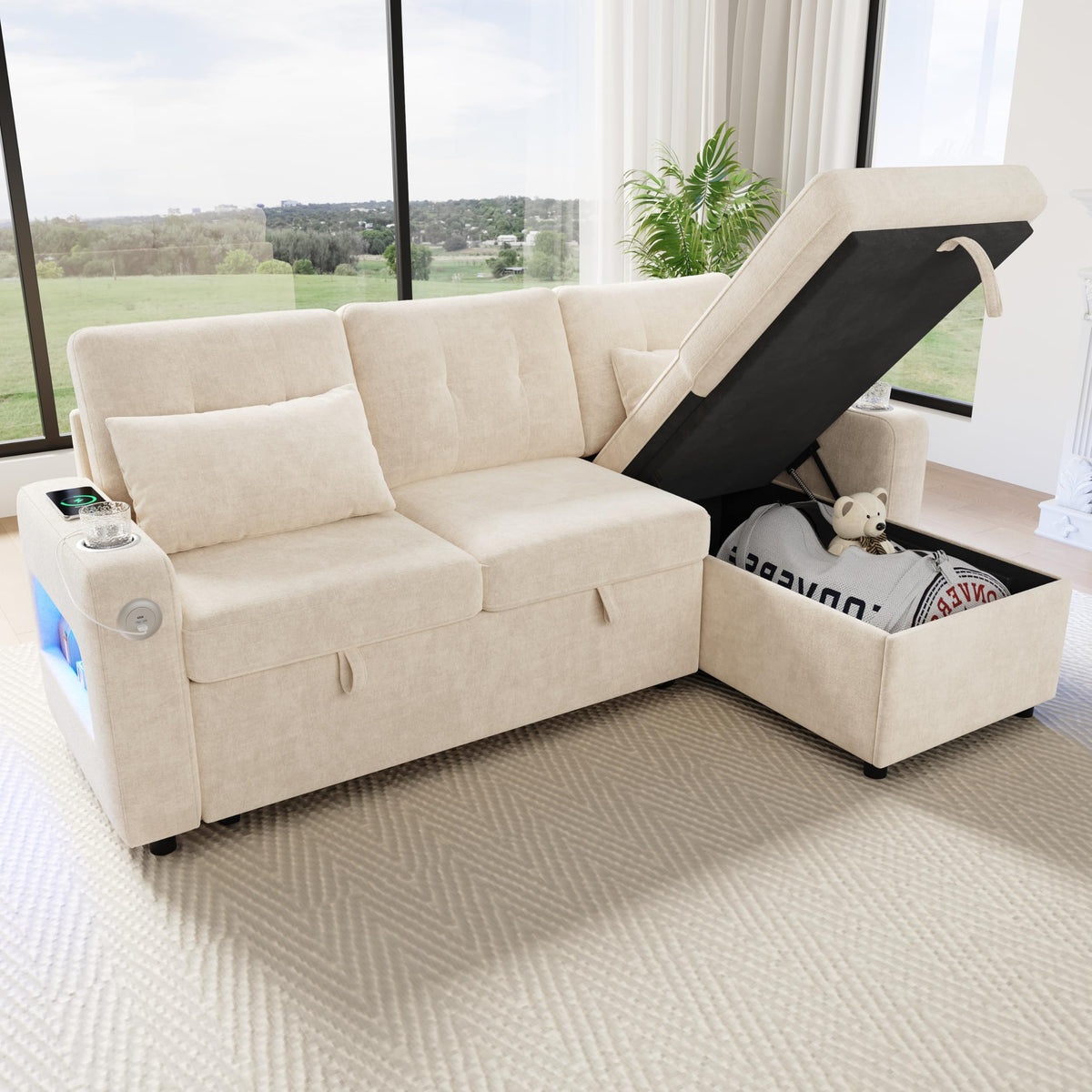 Sapgaks Sofá de esquina convertible de 6 plazas con USB, sofá convertible de 6 plazas, sofá de 6 plazas, en chenilla, con apoyabrazos en forma de librería, puf extraíble para configuraciones en L y en