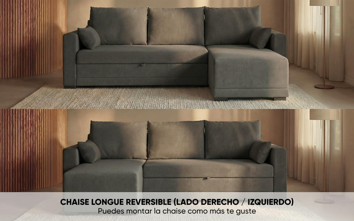 BUDWING Leah Sofá Cama Esquinero 3 Plazas - Chaise Longue Reversible y 2 Cojines Decorativos – Tapizado en Poliéster – Estilo Moderno – 233x124x69 cm – Gris Bicolor
