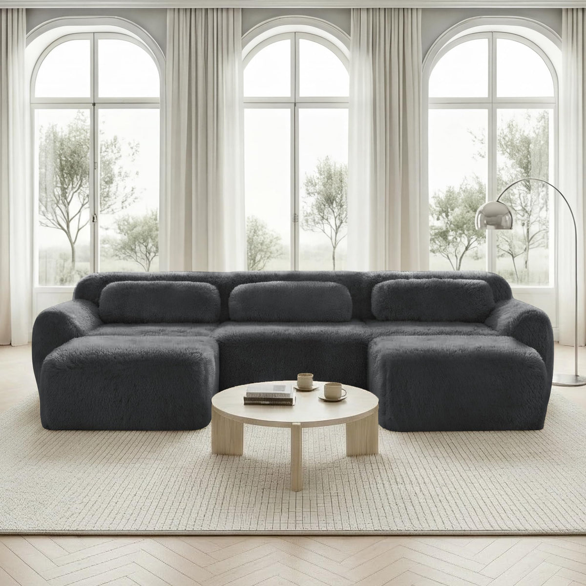 Sofá modular en forma de U, tela de felpa, sin montaje, base antideslizante, con cojín, soporte ergonómico, espuma de alta elasticidad, adecuado para sala de estar, dormitorio (caqui claro)
