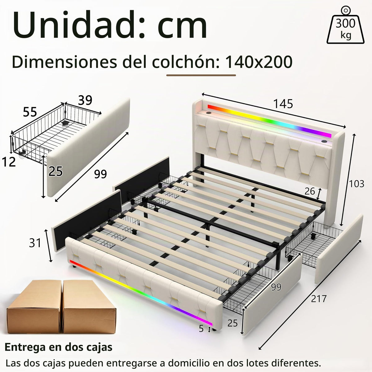 Estructura de Cama 140x200 cm con iluminación LED, Lino, Gris