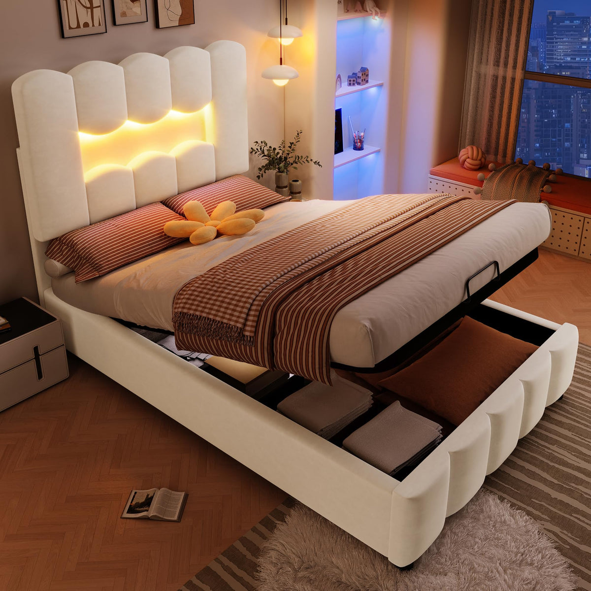 Kebnor Cama tapizada con somier, luz ambiental con mando a distancia, diseño de princesa heredera, material PU, color rosa (sin colchón) (140 x 200 cm)