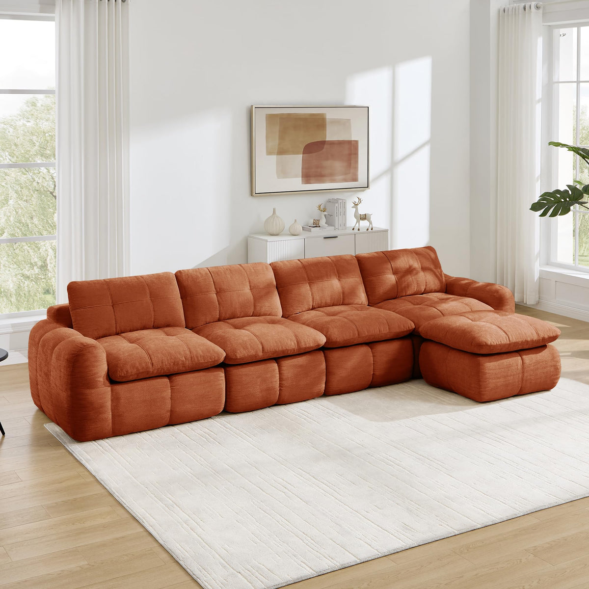 Sofá de 3 plazas con 1 taburete chenilla beige