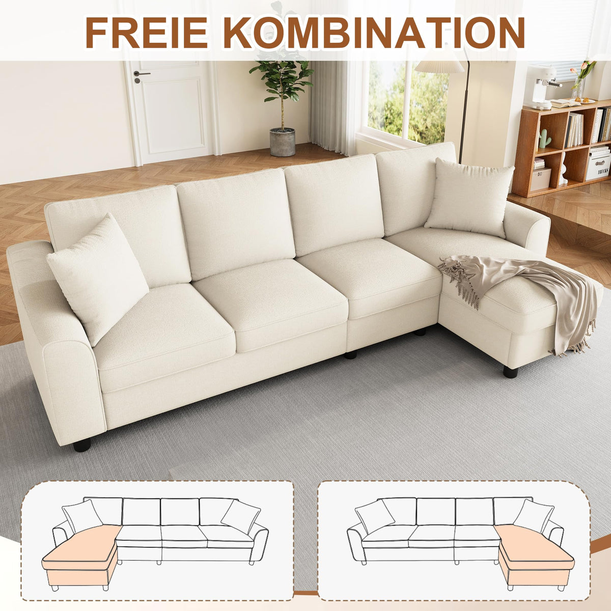 Sofá moderno de chenilla en forma de U con chaise longue, sofá esquinero de 4 plazas con espacio de almacenamiento, puerto USB y tipo C, modular, con soporte para bebidas y cojines suaves