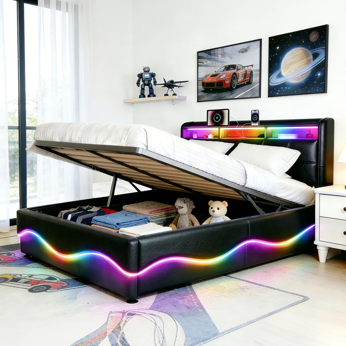 Estructura de Cama 140x200 cm con iluminación LED, Lino, Gris