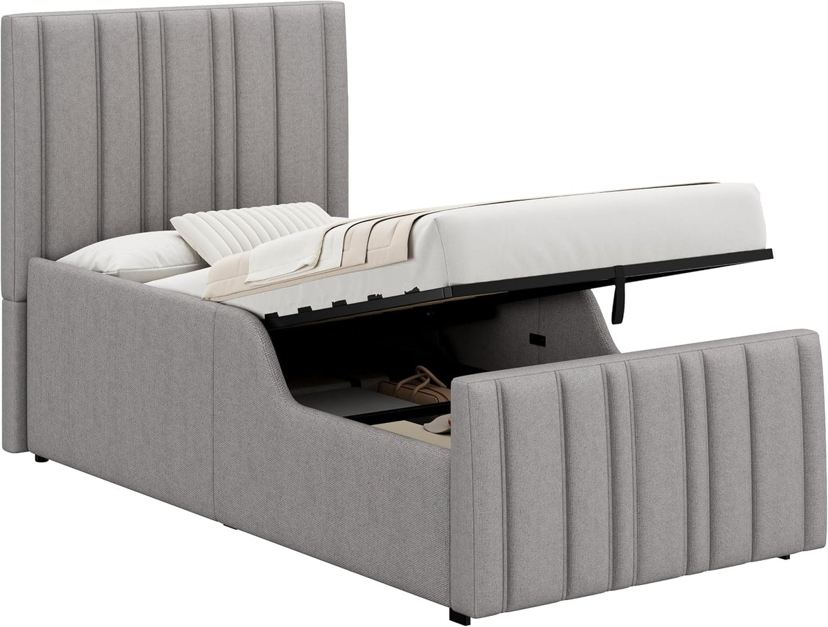 Kebnor Cama tapizada, cama individual, cuna 90 x 200 cm, cama funcional hidráulica, cama con somier, cabecero y gran espacio de almacenamiento, cabecero acolchado, lino (gris)