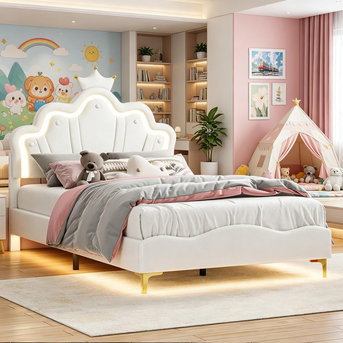 Cama Infantil tapizada 140 x 200 cm con LED, Cama tapizada para niños 140 x 200 con cabecera Ajustable Marco de Camas, Camas de Princesa para Niña en Forma de Corona con Somier(Rosa, 140 x 200)