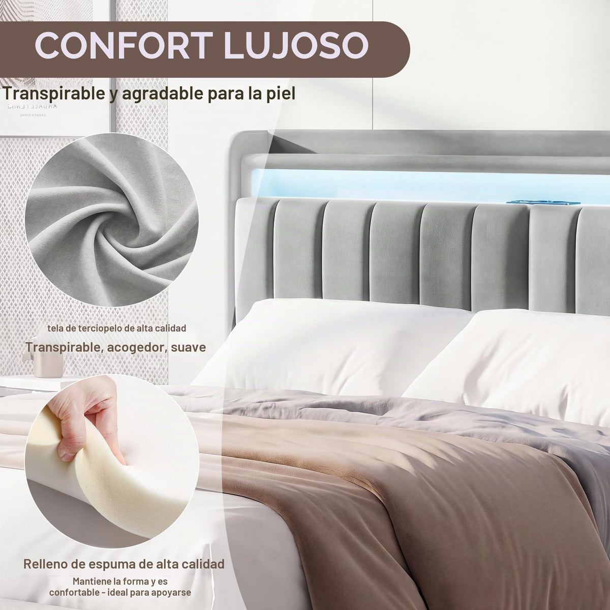 Cama tapizada de 160 x 200 cm, cama doble LED con espacio de almacenamiento, cabecero y función de carga USB C, cama de almacenamiento hidráulico, respaldo con somier de láminas de madera