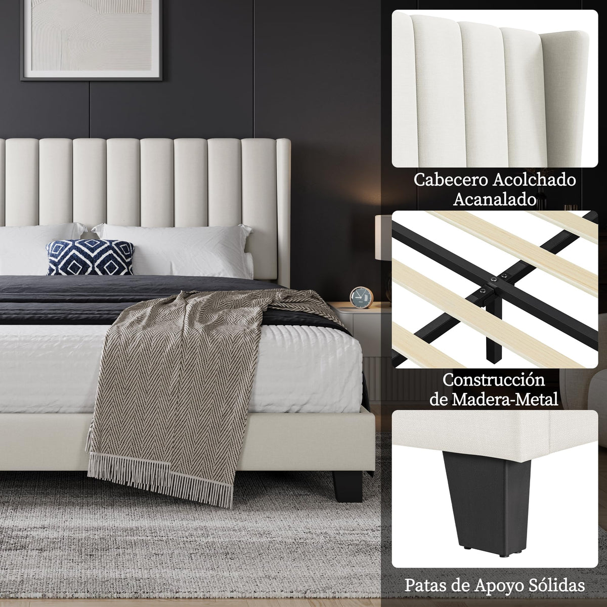 Yaheetech Cama Doble Tapizada 140 x 200cm con Somier de Lamas con Cabecero Rayado Moderno Estructura de Madera y Metal Marco de Cama para Adultos 2 Personas Beige