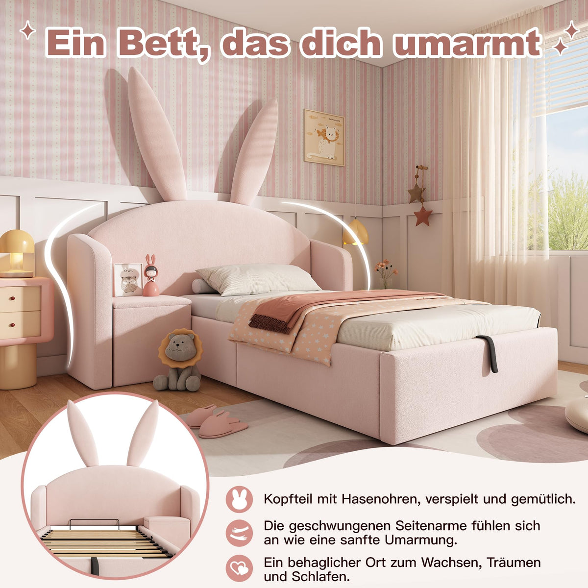 Kebnor Cama tapizada de terciopelo, orejas de conejo, cabecero con espacio de almacenamiento y mesita de noche, cama juvenil de diseño (sin colchón) (beis, 90 x 190 cm)