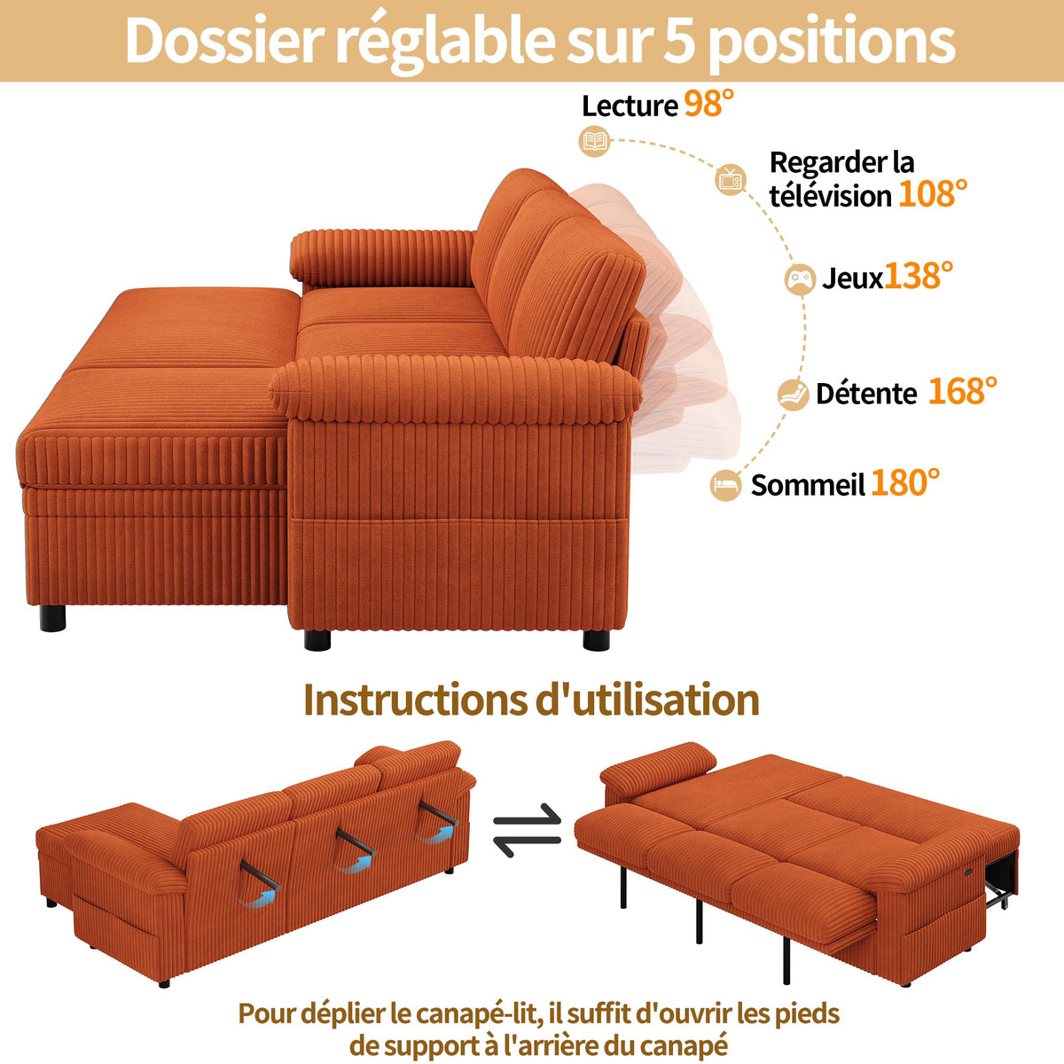 Sofá modular de 3 plazas con función cama extensible y USB/Type-C, sofá esquinero en forma de L con reposacabezas semifijos y compartimento de almacenamiento, sofás con chaise longue